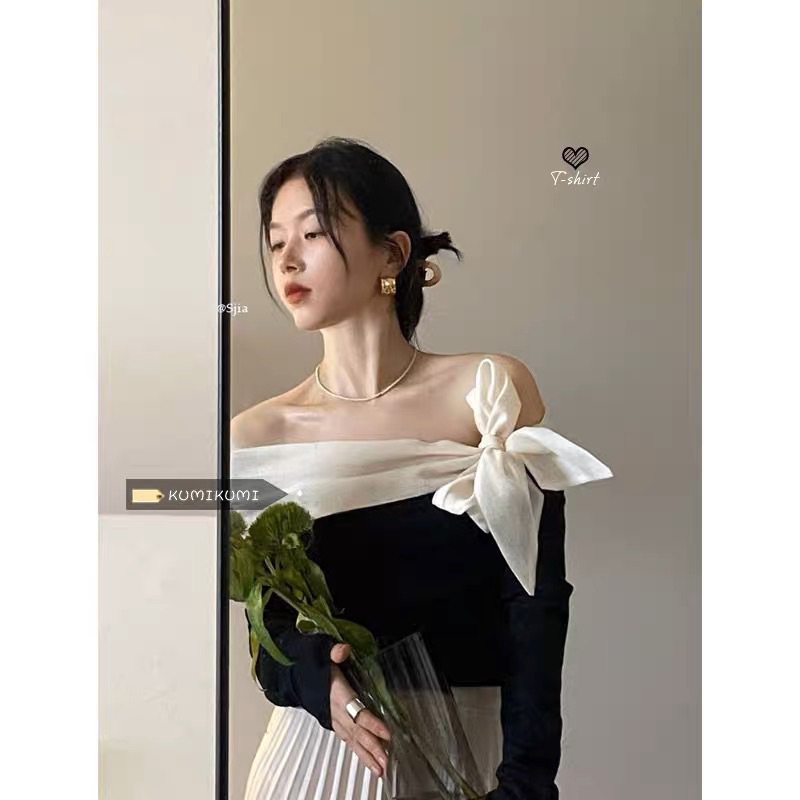 Áo trễ vai bèo thắt nơ xinh xắn, áo kiểu nữ trễ vai gợi cảm vải cotton thun cao cấp