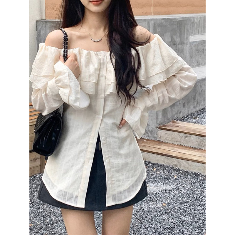 Áo trễ vai phối bèo tay dài, áo sơmi kiểu nữ dài tay trễ vai siêu nữ tính