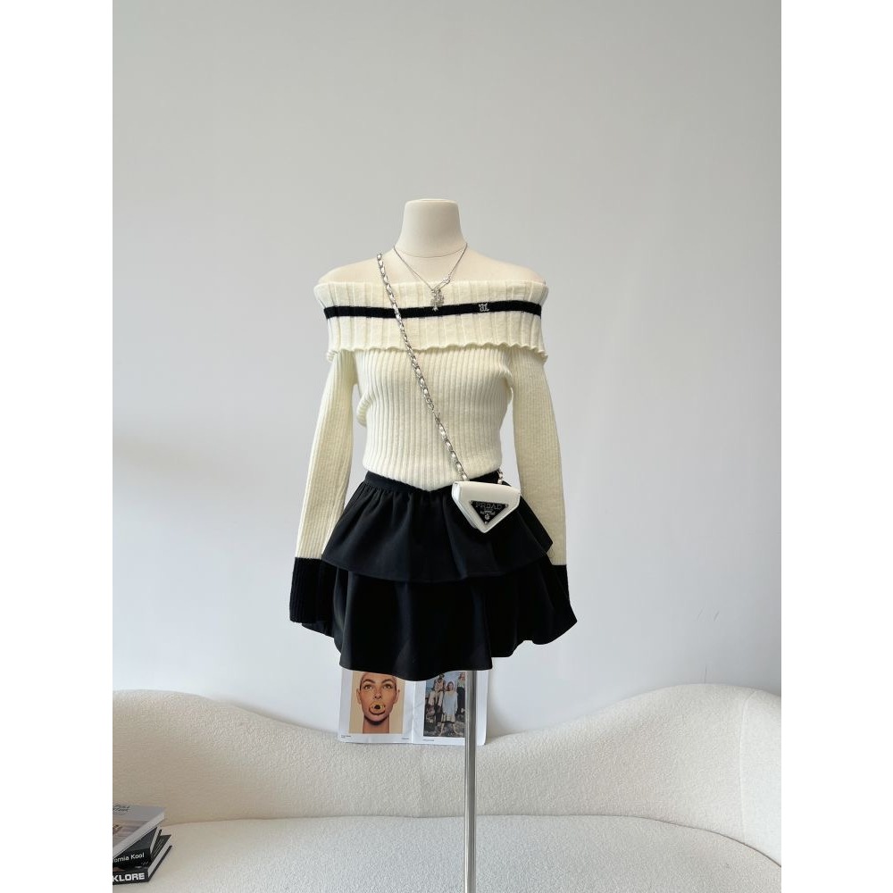 Áo Len Trễ Vai Dài Tay Phối Viền 3 Màu Trắng Đen Nâu                                      .