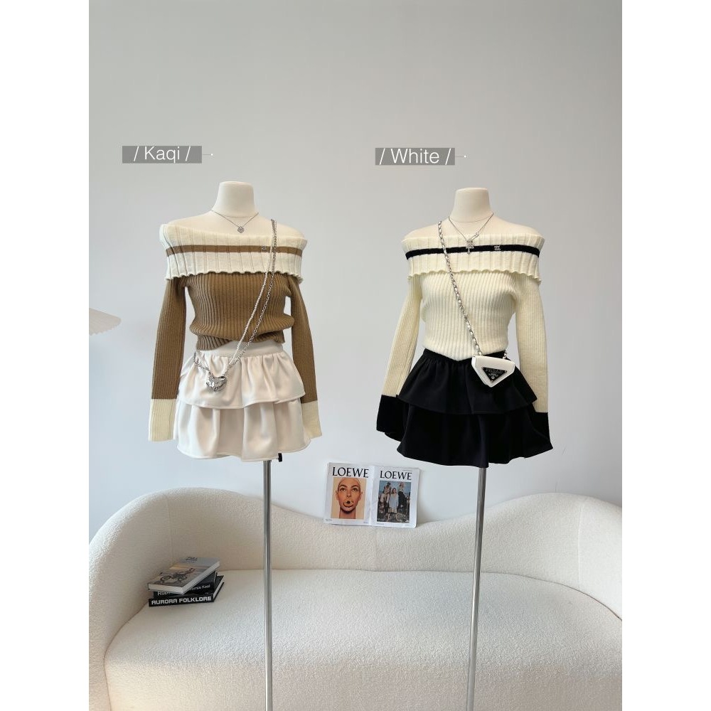 Áo Len Trễ Vai Dài Tay Phối Viền 3 Màu Trắng Đen Nâu                                      .