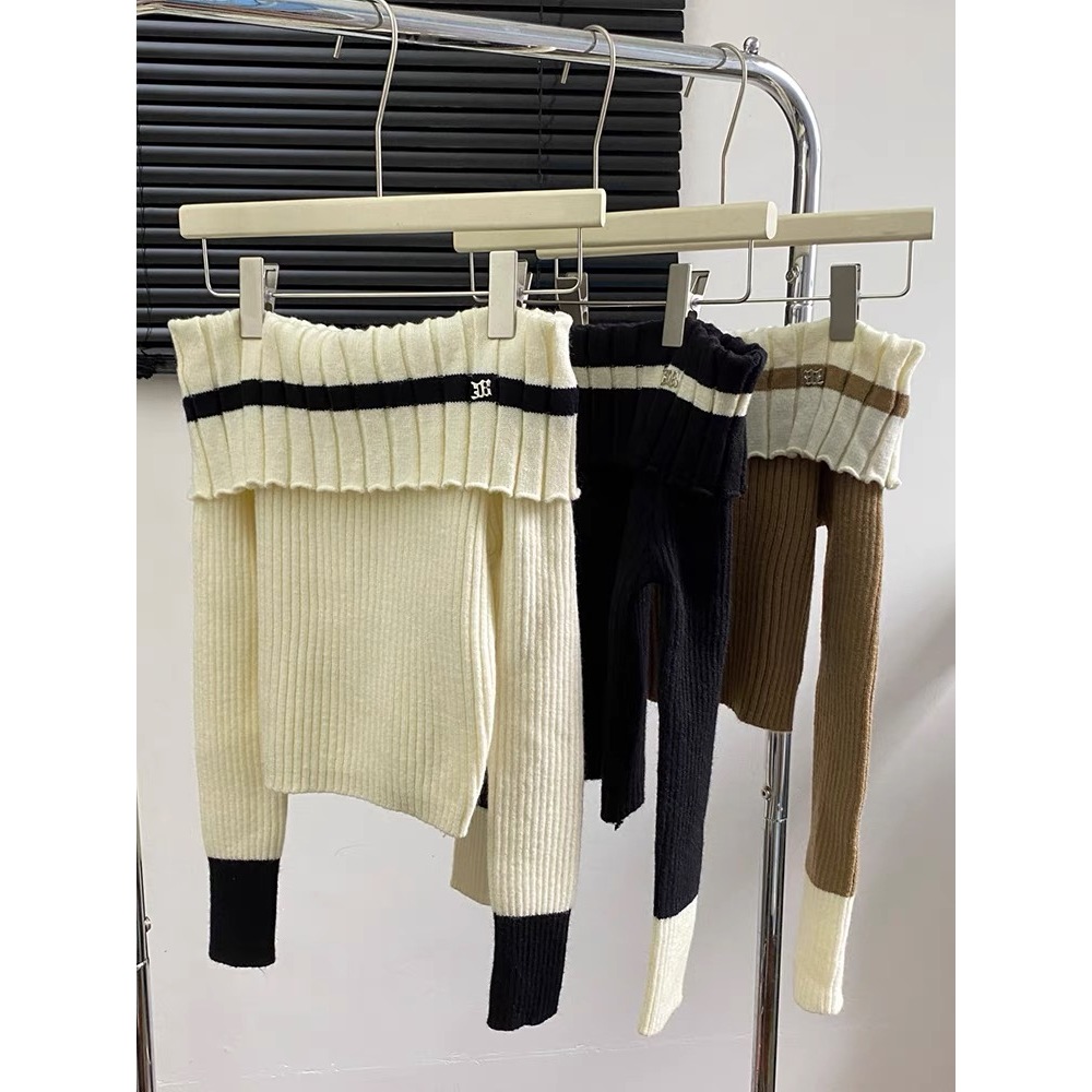 Áo Len Trễ Vai Dài Tay Phối Viền 3 Màu Trắng Đen Nâu                                      .