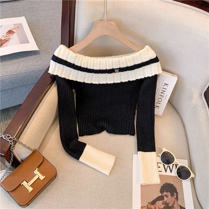 Áo Len Trễ Vai Dài Tay Phối Viền 3 Màu Trắng Đen Nâu                                      .