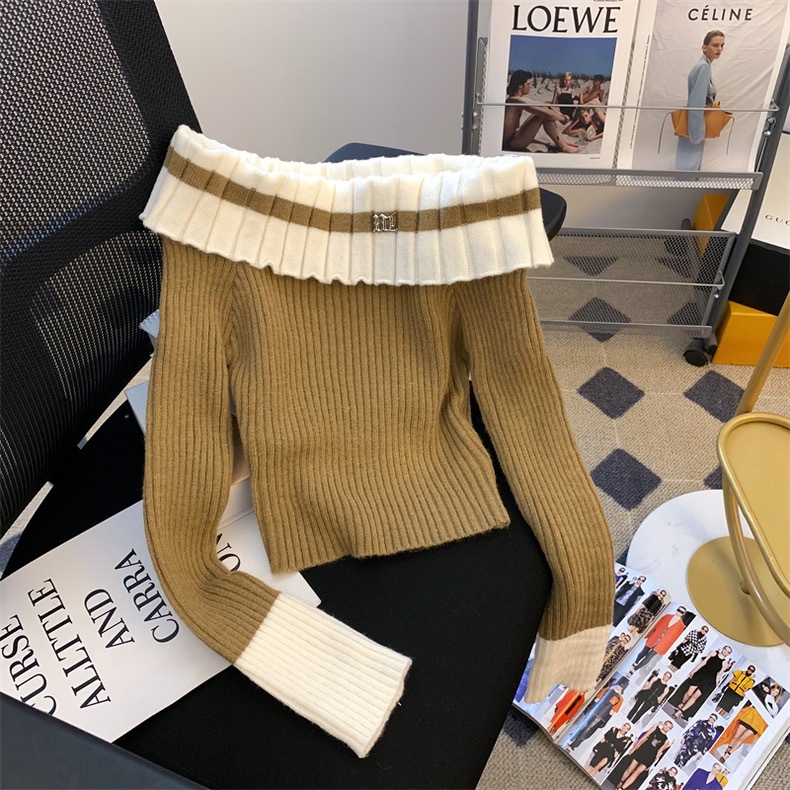 Áo Len Trễ Vai Dài Tay Phối Viền 3 Màu Trắng Đen Nâu                                      .