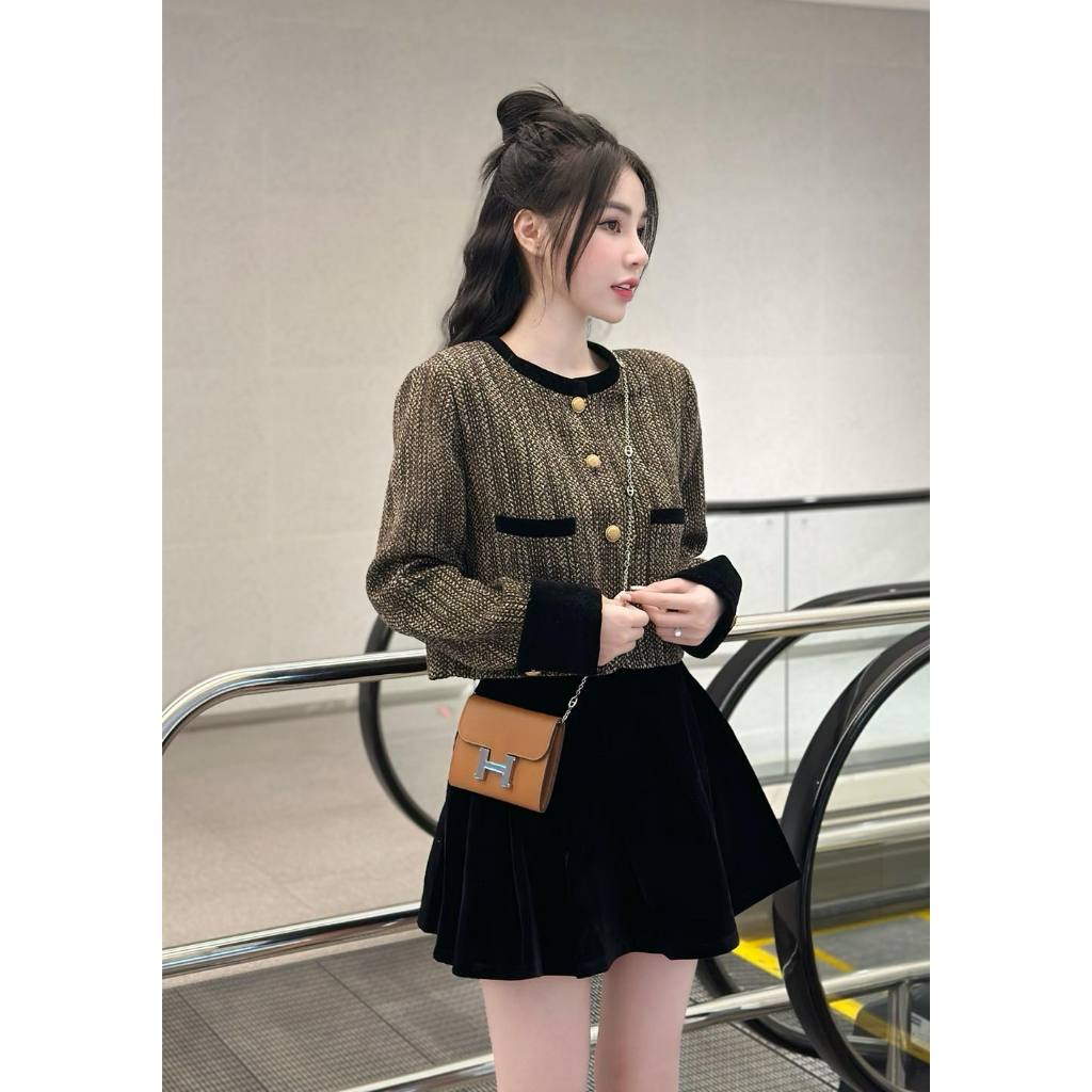 Set Váy Nữ Áo Tweed Nâu Tiêu Lạ Mắt + Váy Nhung Ngắn Themlimbely Có Màu Nâu