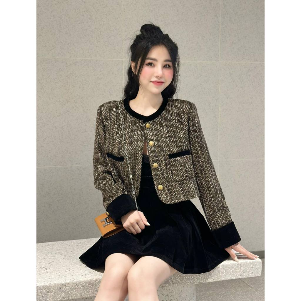 Set Váy Nữ Áo Tweed Nâu Tiêu Lạ Mắt + Váy Nhung Ngắn Themlimbely Có Màu Nâu