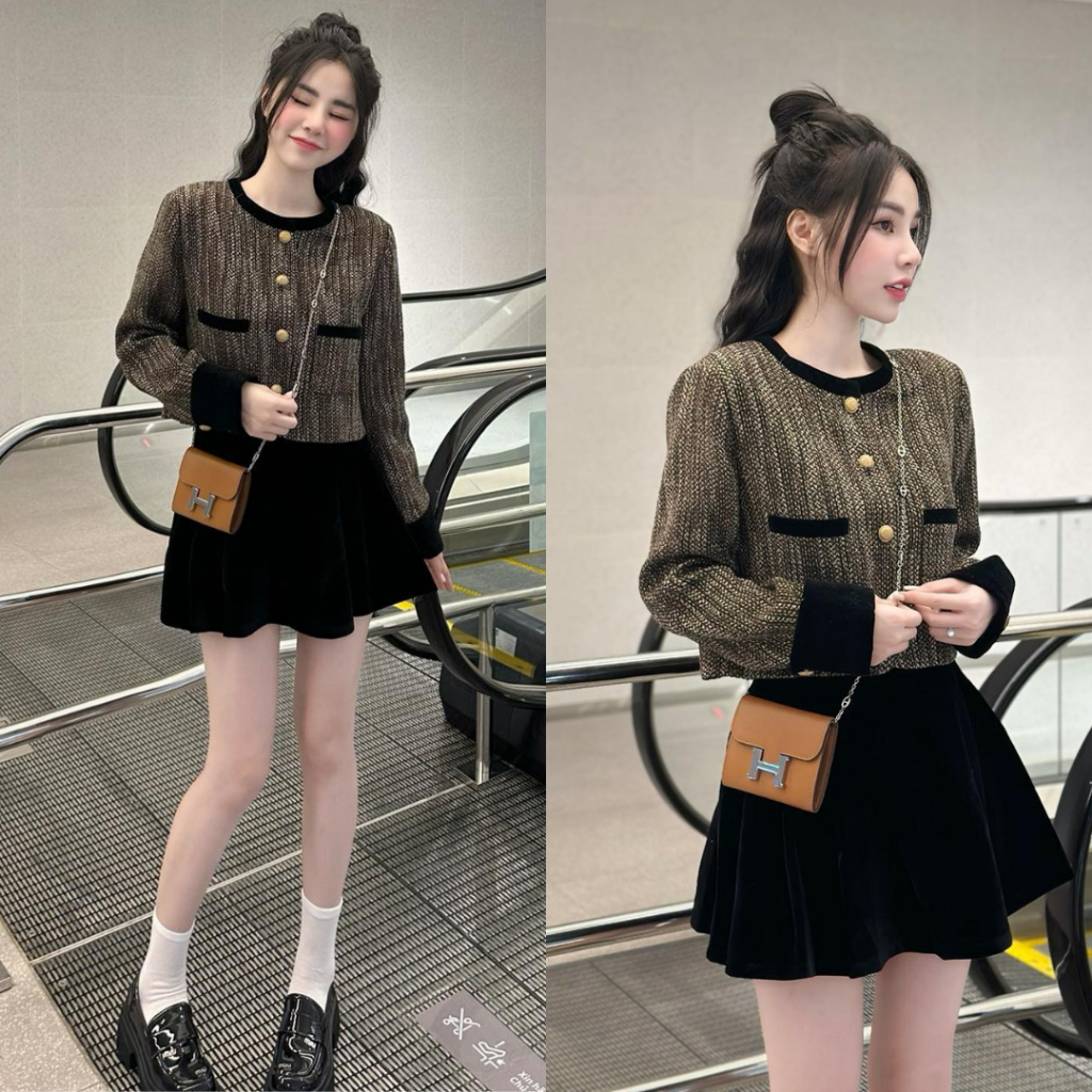 Set Váy Nữ Áo Tweed Nâu Tiêu Lạ Mắt + Váy Nhung Ngắn Themlimbely Có Màu Nâu