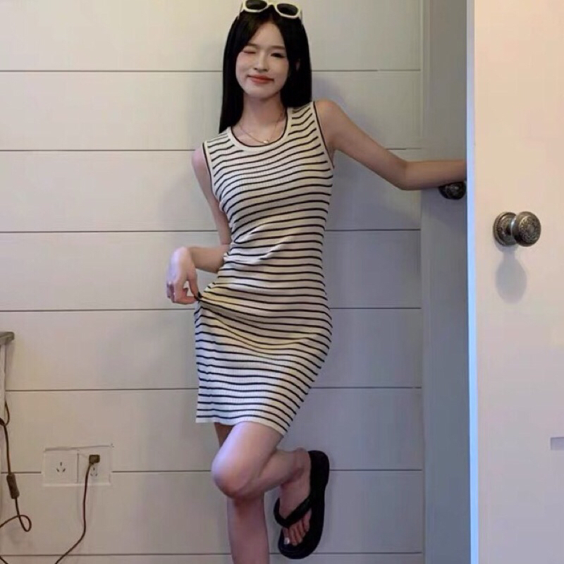 Váy sát nách body Đầm ba lỗ dệt kim nữ len mongtoghi kẻ ngang kiểu cổ tròn dáng ôm phong cách ulzzang Hàn Quốc Mao Store