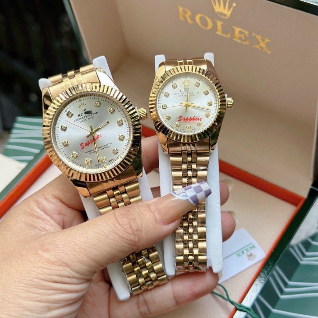 Đồng hồ nam nữ couple dây kim loại R2836 kính shapphire chống xước tặng hộp viền đá và trơn