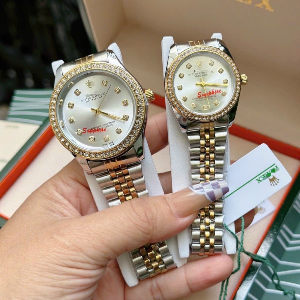 Đồng hồ nam nữ couple dây kim loại R2836 kính shapphire chống xước tặng hộp viền đá và trơn