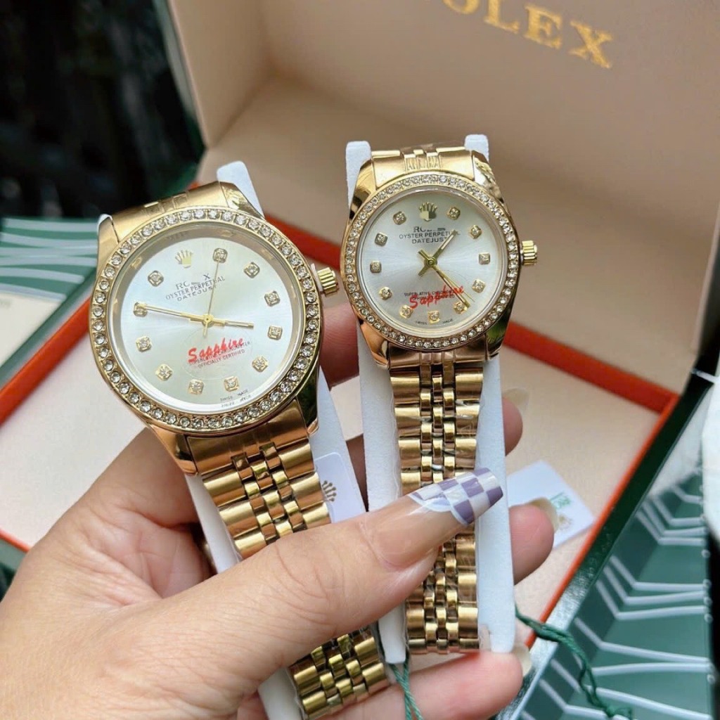 Đồng hồ nam nữ couple dây kim loại R2836 kính shapphire chống xước tặng hộp viền đá và trơn