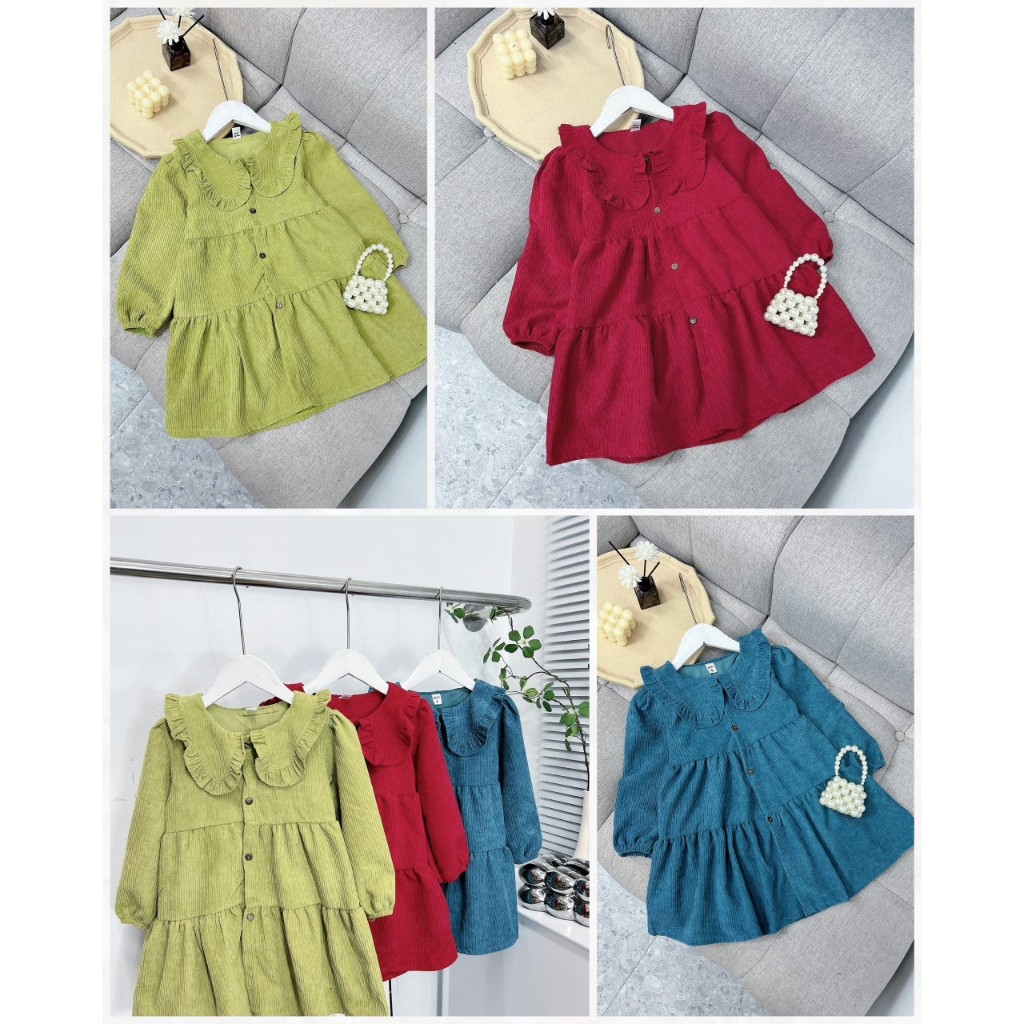 Váy Nhung Tăm Gân Dày Dặn Mềm Mại Thu Đông Dành Cho Bé Gái 10-23kg
