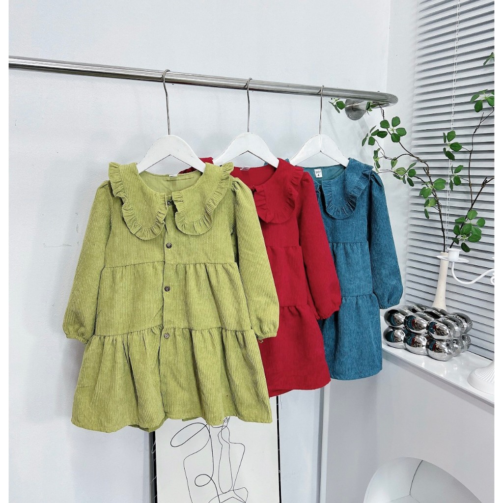 Váy Nhung Tăm Gân Dày Dặn Mềm Mại Thu Đông Dành Cho Bé Gái 10-23kg