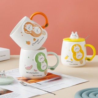 Ly Cốc Sứ Hình Mèo cầu vồng Đôi 400ML Có THìa Và Nắp Xinh Xắn cao cấp