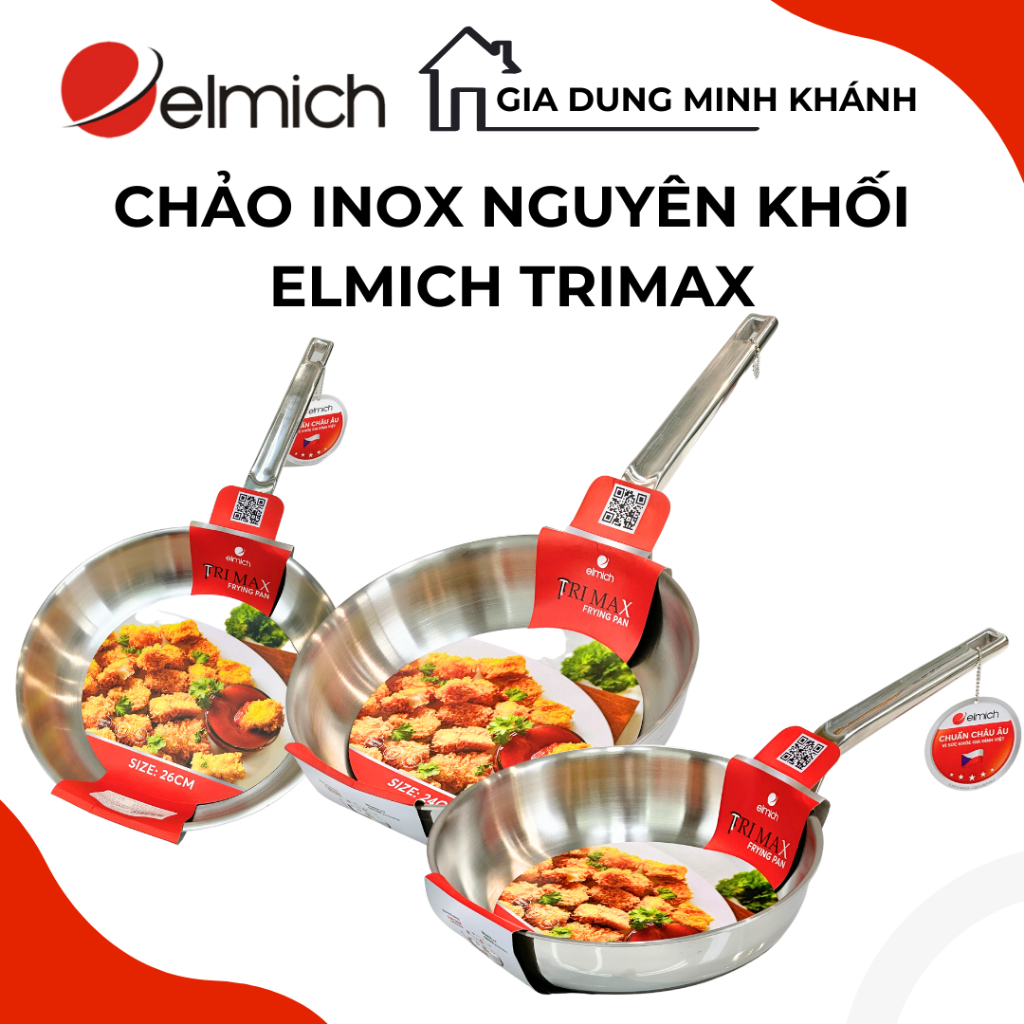 Chảo nguyên khối inox 304 cao cấp Trimax EL-3737Max size 20cm, EL-3738Max size 24cm, EL-3739Max size 26cm