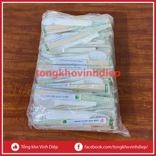 Set 100 bộ đũa thìa tăm giấy 4in1 bộ đồ ăn dùng 1 lần nhà hàng quán ăn
