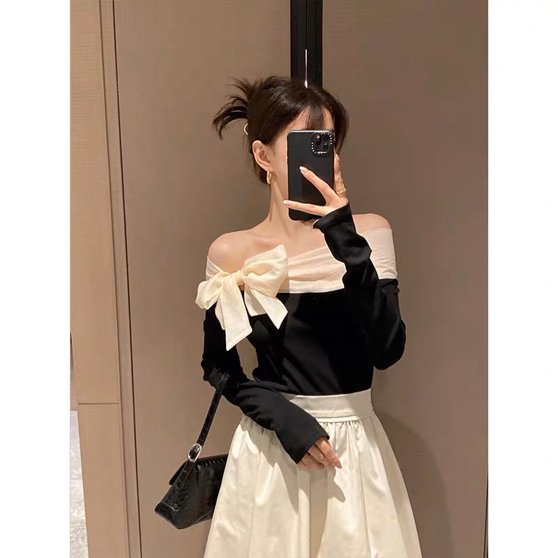 Áo trễ vai bèo thắt nơ xinh xắn, áo kiểu nữ trễ vai gợi cảm vải cotton thun cao cấp