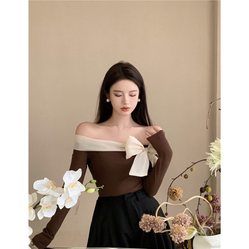 Áo trễ vai bèo thắt nơ xinh xắn, áo kiểu nữ trễ vai gợi cảm vải cotton thun cao cấp