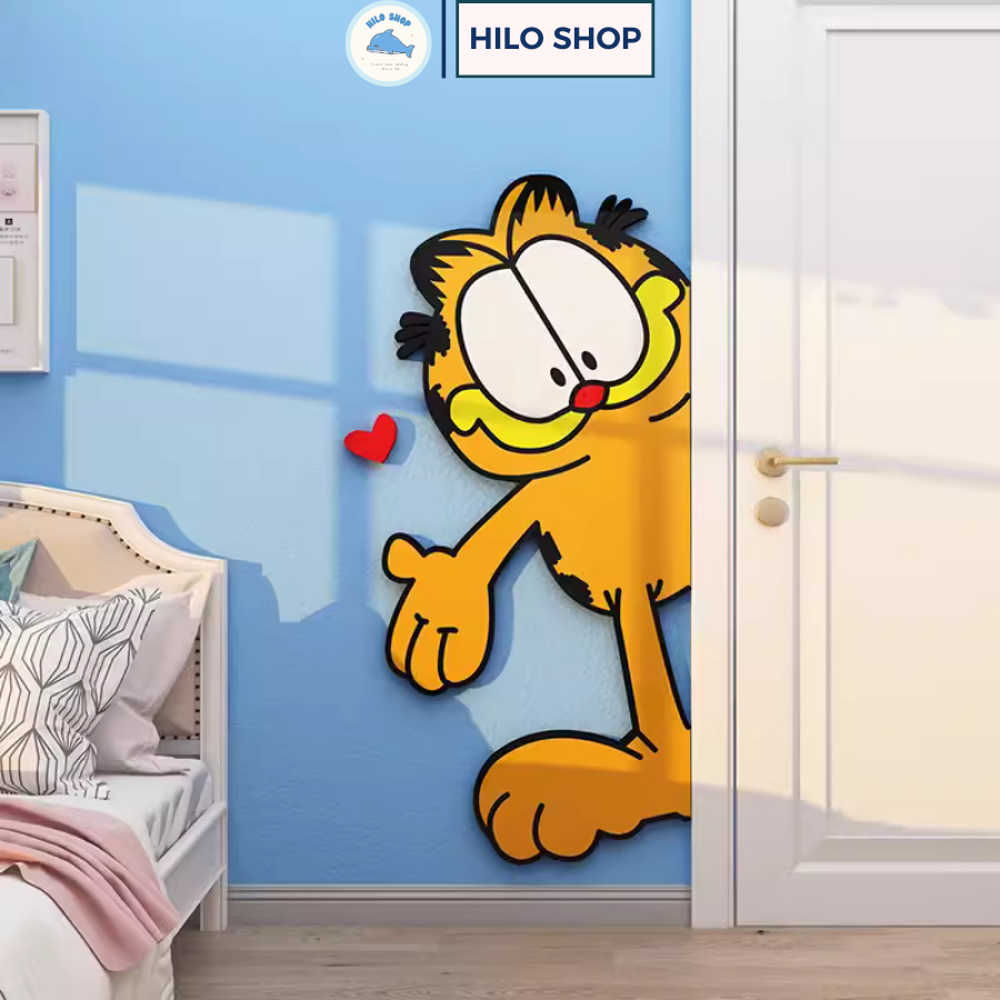 Tranh dán tường hoạt hình Garfield Mica 3D dễ thương trang trí phòng ngủ, cảnh cửa