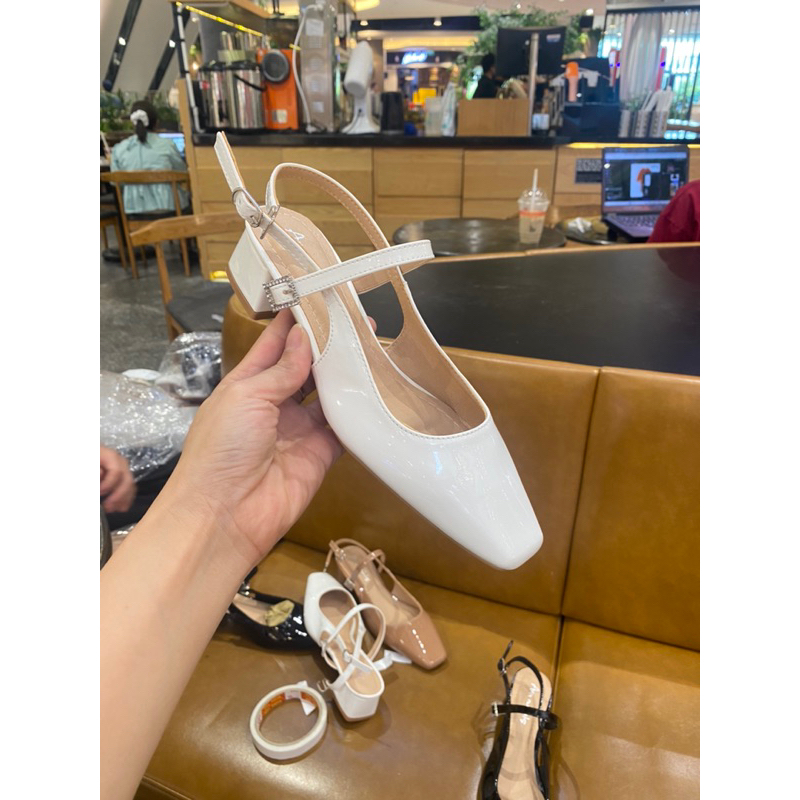 Giày slingback mũi vuông  đế vuông 3 phân kiểu dáng maryjane quai ngang phối khóa đá cao cấp _Min3004XBQNKV