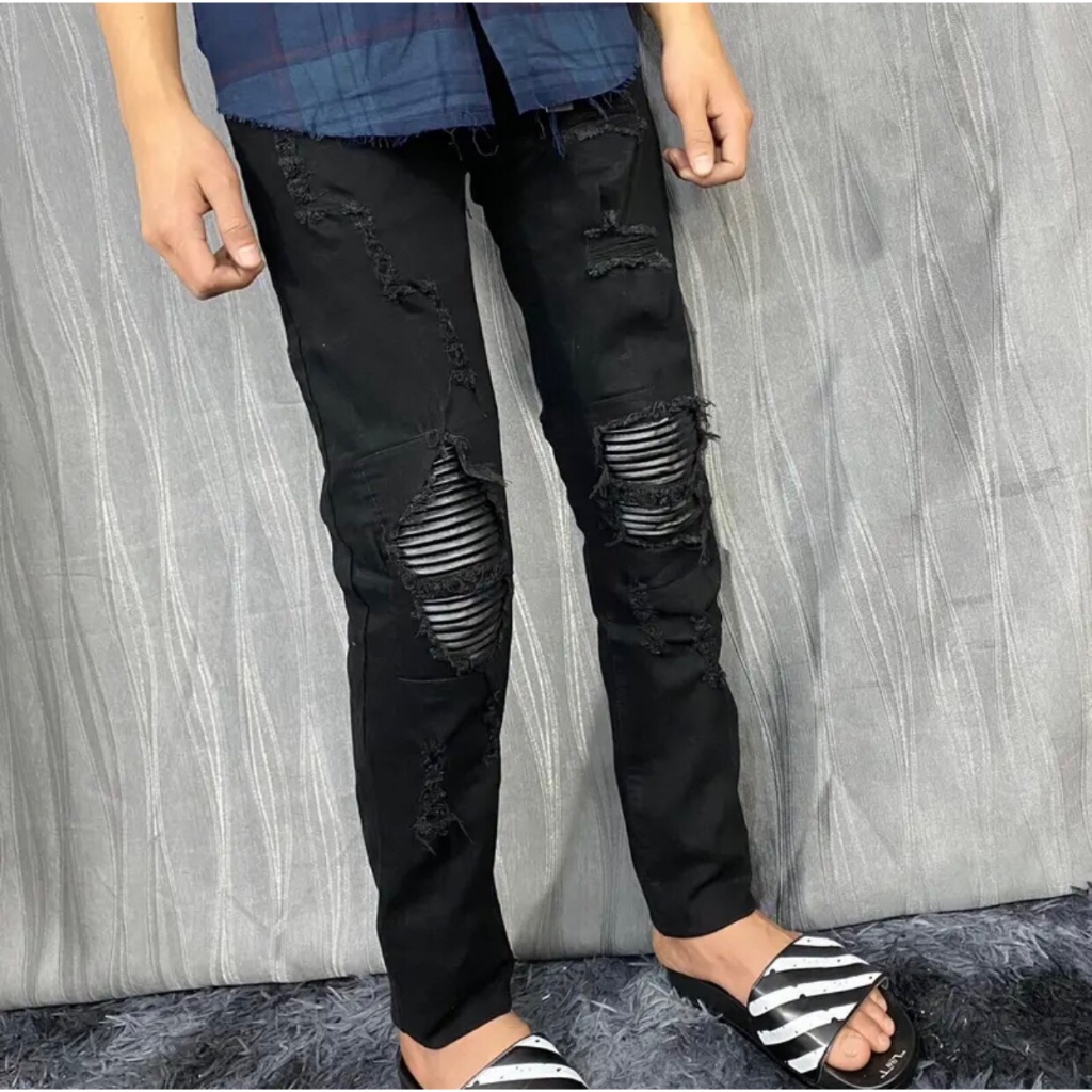 Quần jean nam cao cấp mẫu mới vá da đen gối thời trang phong cách vá da