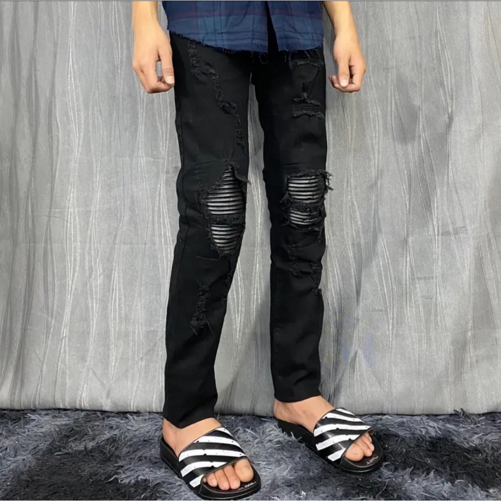 Quần jean nam cao cấp mẫu mới vá da đen gối thời trang phong cách vá da