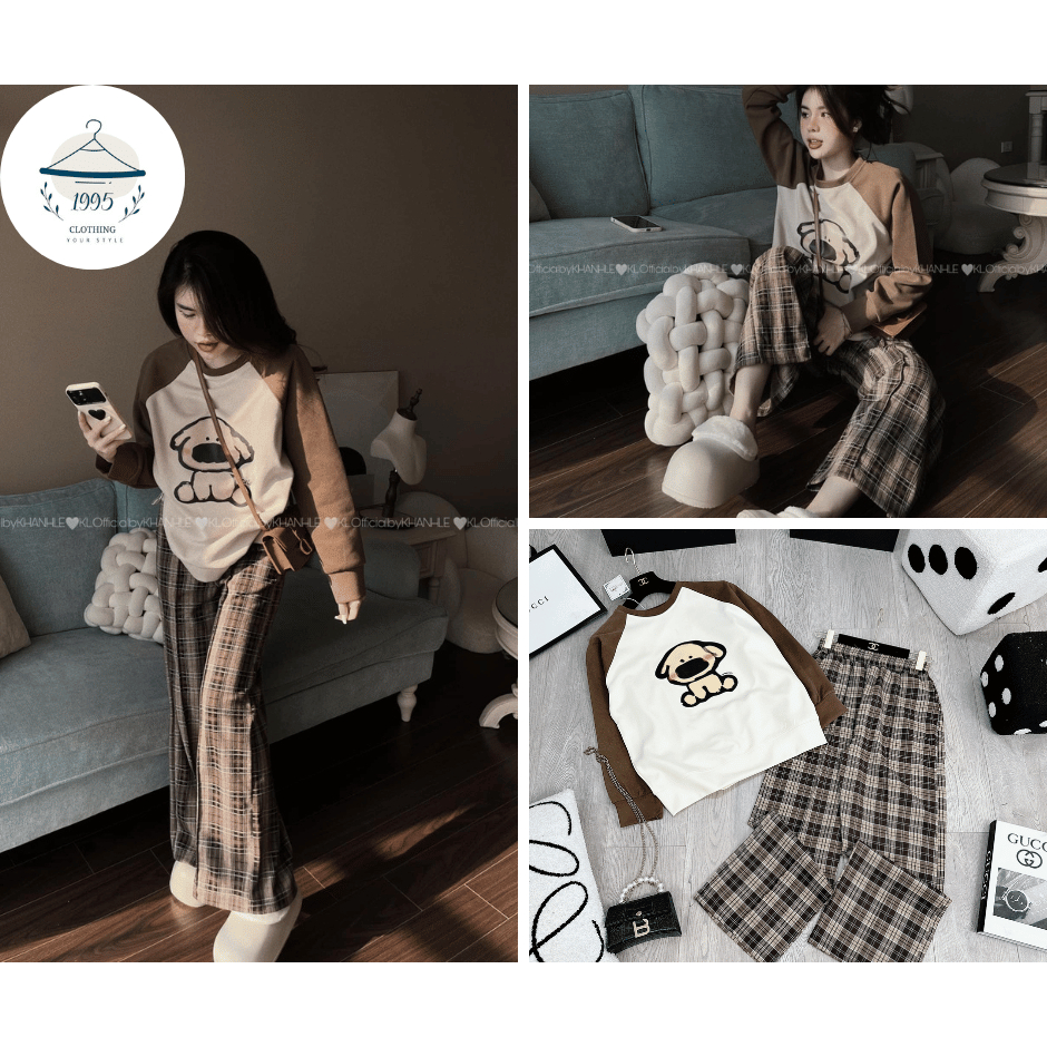 Set Bộ Thu Đông Nữ Áo Cún Phối Màu Giáp Lăng Mix Quần Kẻ Caro Dáng Suông