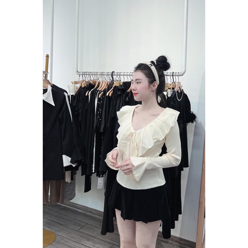 Áo Len Tiểu Thư Cổ V Phối Bèo Quảng Châu, Full 2 Màu, Loại 1