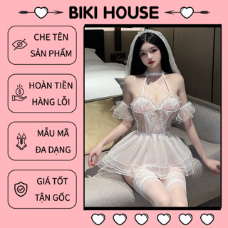 Đồ cosplay cô dâu ren xuyên thấu sexy gợi cảm kèm vương miệng cao cấp váy ngủ tân hôn đen trắng quyến rũ BIKI HOUSE N748