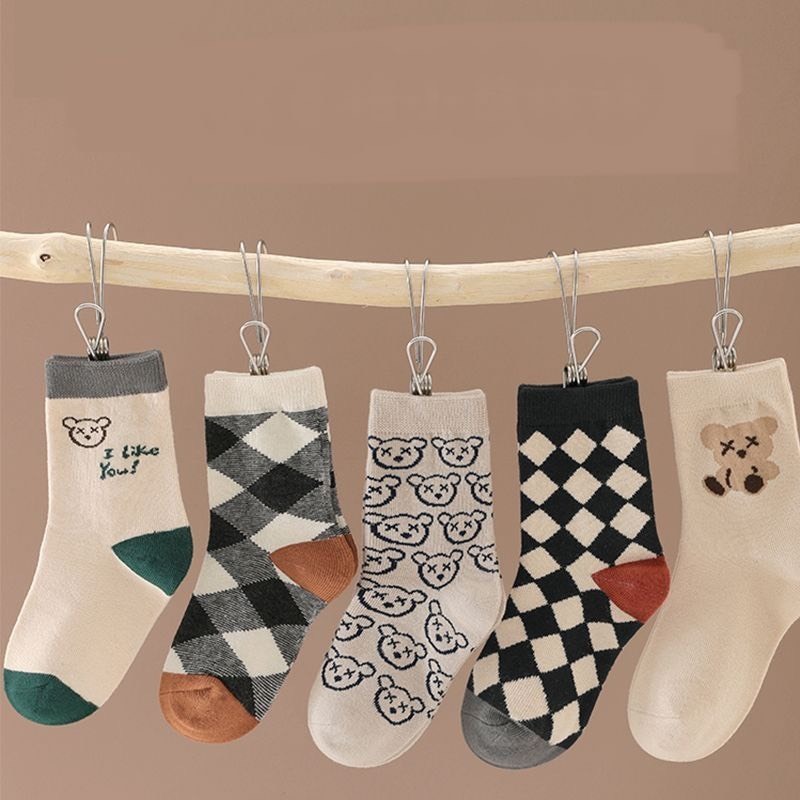 Set 5 Đôi Tất/ Vớ Cổ Cao Cho Bé Hình Gấu Thoi Tông Xám Phong Cách Hàn TGT5
