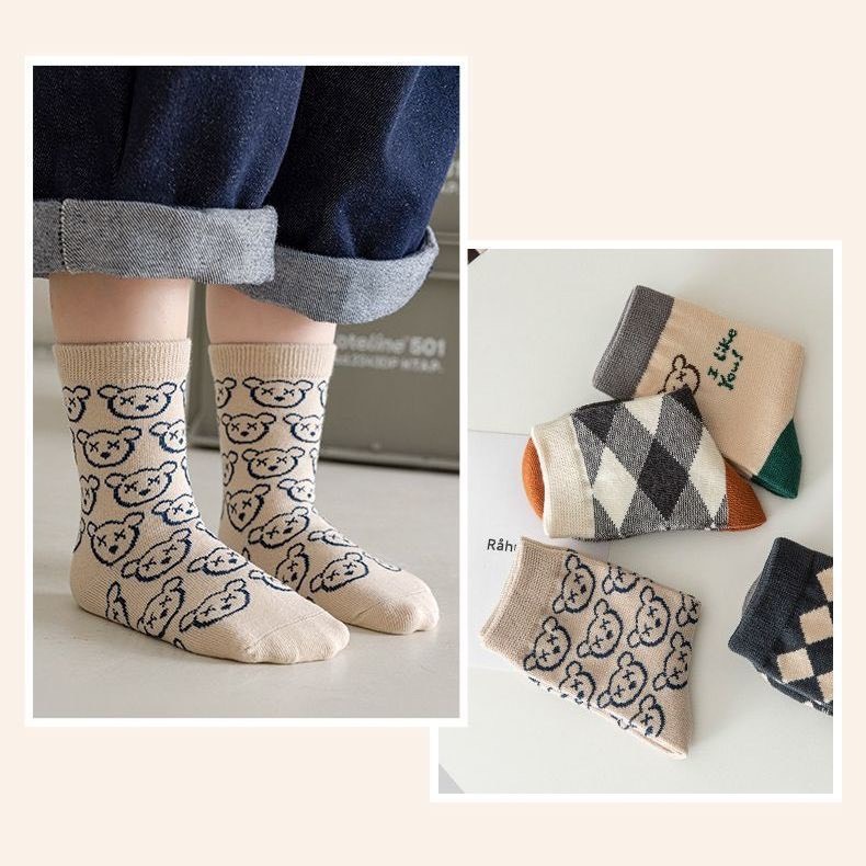 Set 5 Đôi Tất/ Vớ Cổ Cao Cho Bé Hình Gấu Thoi Tông Xám Phong Cách Hàn TGT5