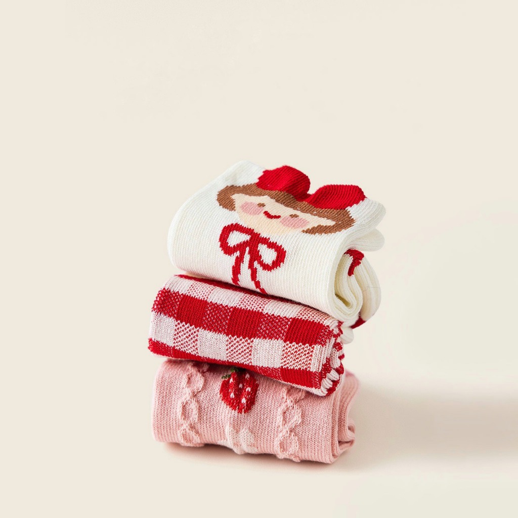 Set 5 Đôi Tất/ Vớ Cao Cổ Cotton Hình Dâu Đỏ Siêu Xinh Cho Bé Gái TD4