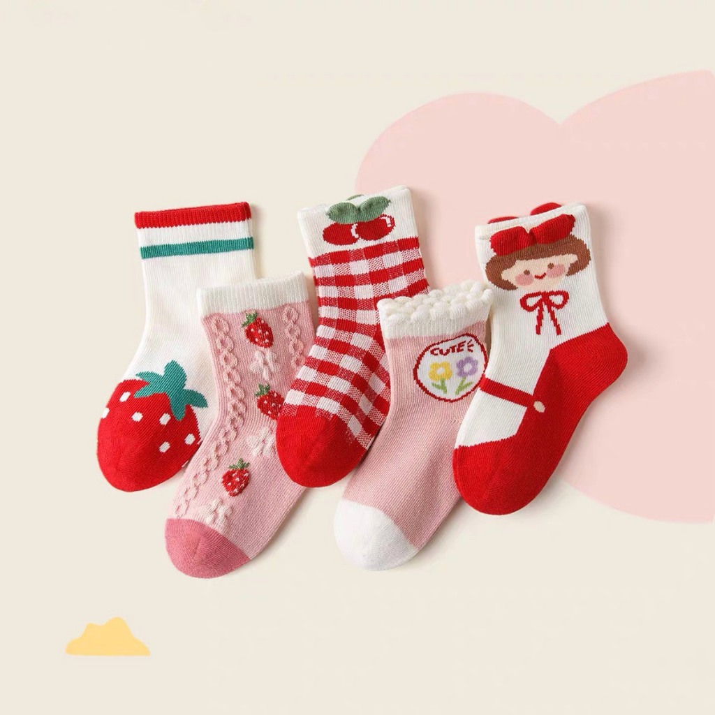 Set 5 Đôi Tất/ Vớ Cao Cổ Cotton Hình Dâu Đỏ Siêu Xinh Cho Bé Gái TD4
