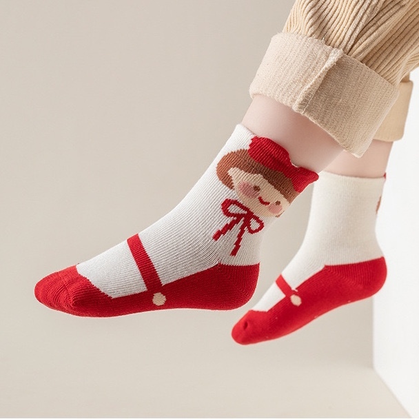 Set 5 Đôi Tất/ Vớ Cao Cổ Cotton Hình Dâu Đỏ Siêu Xinh Cho Bé Gái TD4