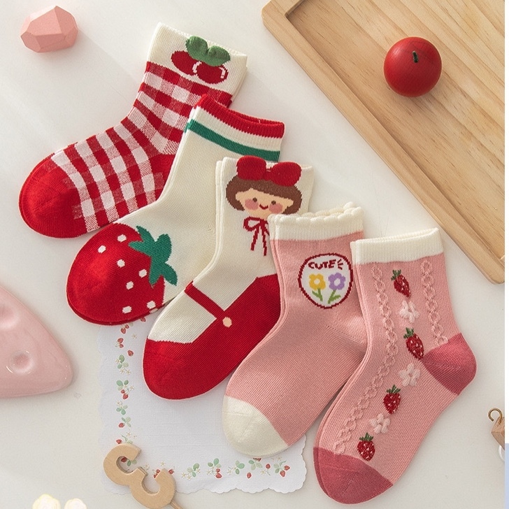 Set 5 Đôi Tất/ Vớ Cao Cổ Cotton Hình Dâu Đỏ Siêu Xinh Cho Bé Gái TD4