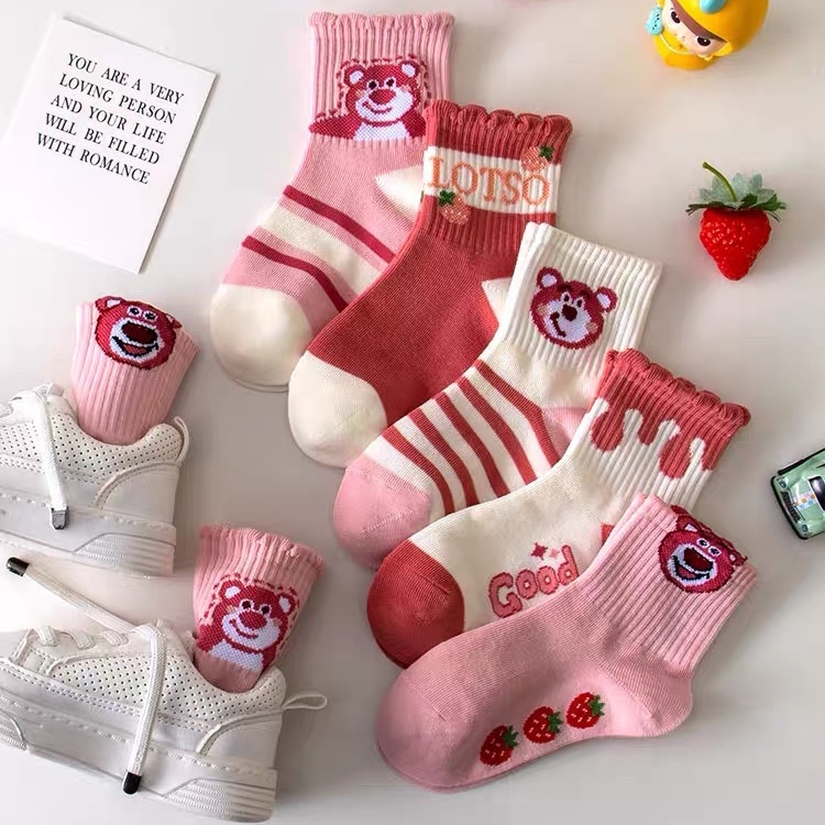 Set 5 Đôi Tất/ Vớ Cotton Gấu Dâu Good Cổ Cao Sợi Bông Thoáng Khí Siêu Hot GD8