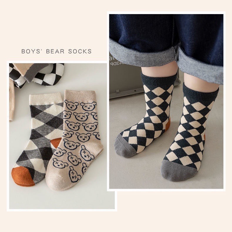 Set 5 Đôi Tất/ Vớ Cổ Cao Cho Bé Hình Gấu Thoi Tông Xám Phong Cách Hàn TGT5