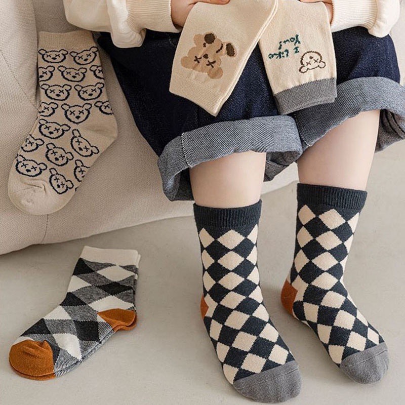 Set 5 Đôi Tất/ Vớ Cổ Cao Cho Bé Hình Gấu Thoi Tông Xám Phong Cách Hàn TGT5