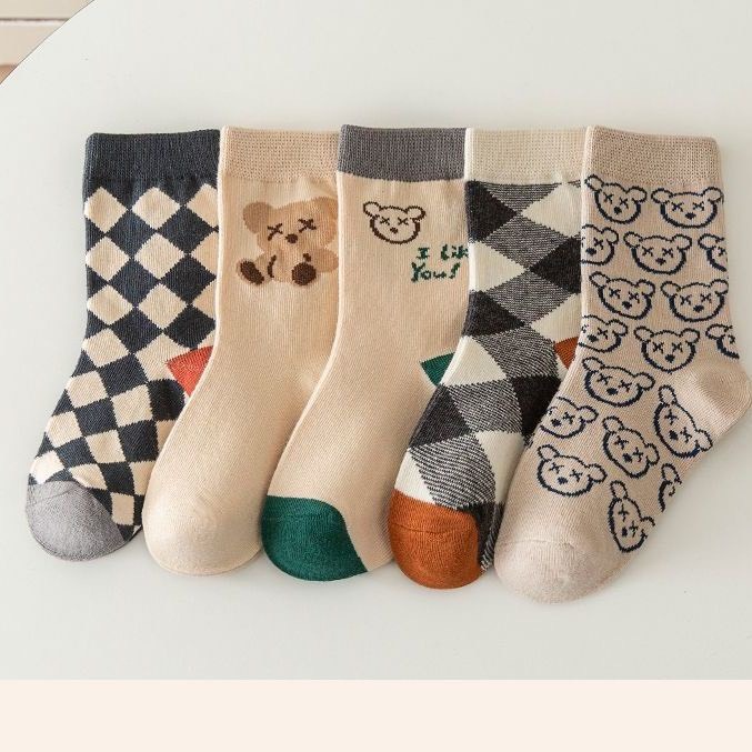 Set 5 Đôi Tất/ Vớ Cổ Cao Cho Bé Hình Gấu Thoi Tông Xám Phong Cách Hàn TGT5