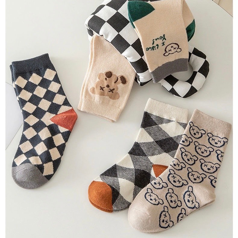 Set 5 Đôi Tất/ Vớ Cổ Cao Cho Bé Hình Gấu Thoi Tông Xám Phong Cách Hàn TGT5