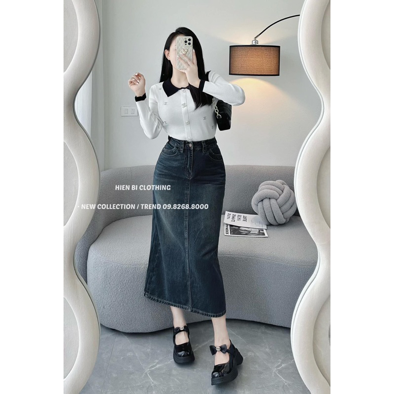 CHÂN VÁY BÒ XẺ KHOÁ TÚI SAU