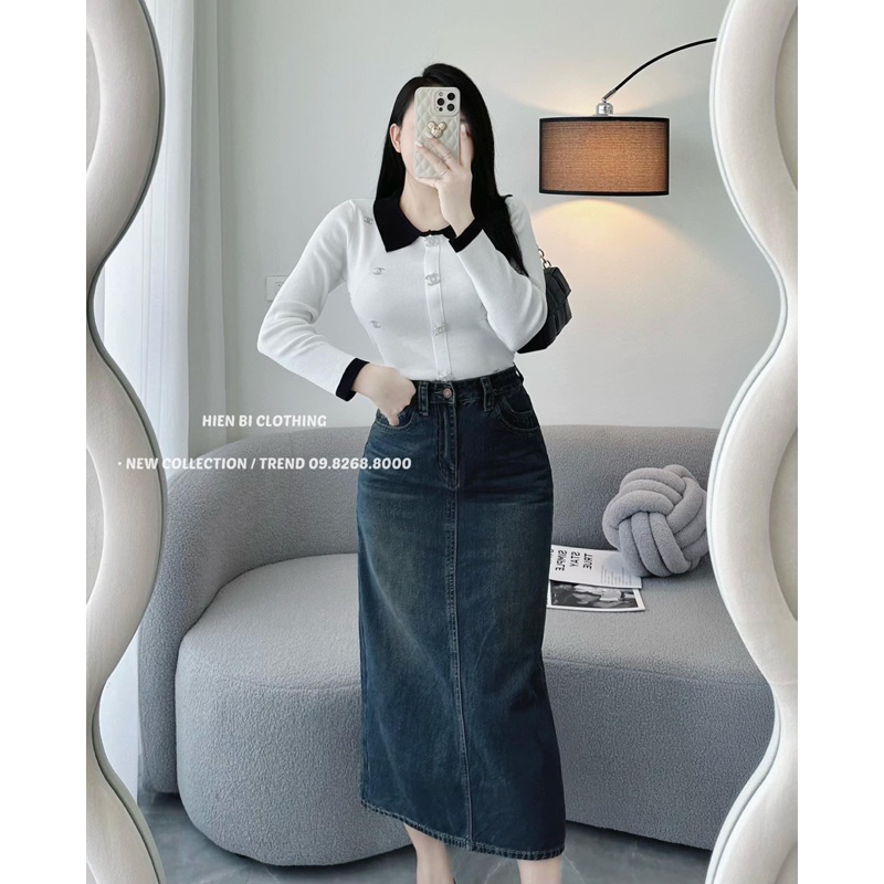 CHÂN VÁY BÒ XẺ KHOÁ TÚI SAU