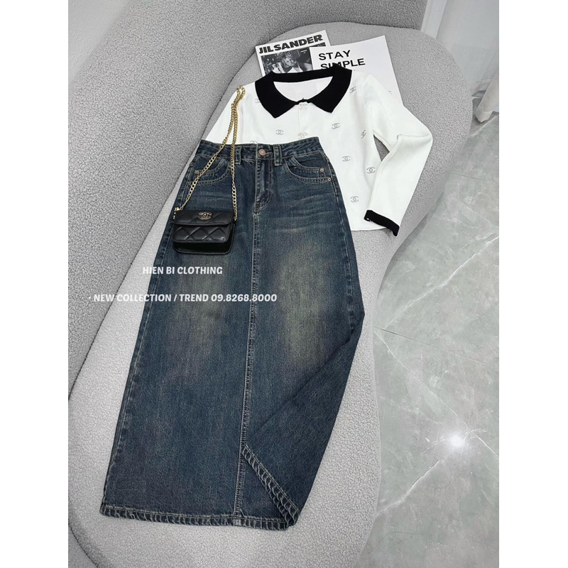 CHÂN VÁY BÒ XẺ KHOÁ TÚI SAU