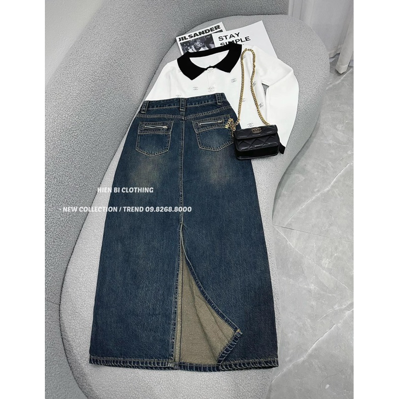 CHÂN VÁY BÒ XẺ KHOÁ TÚI SAU