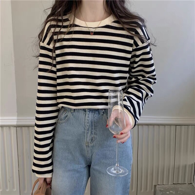 Áo thun tay dài form rộng dệt kim nữ kẻ sọc ngang kiểu cổ tròn len mongtoghi dáng dài phong cách ulzzang Mao Store