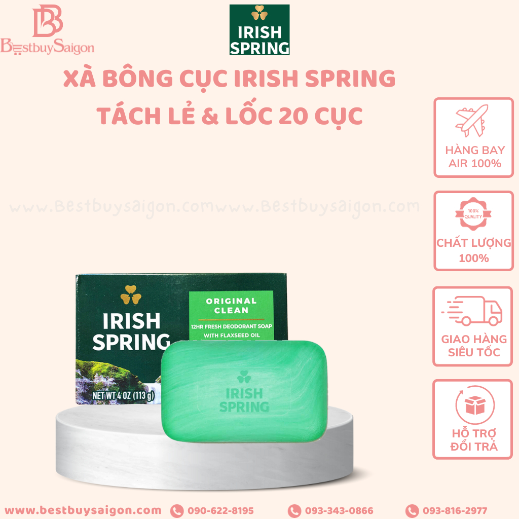 Xà bông cục Irish Spring - Mỹ, cực thơm, sạch và dưỡng ẩm cho da.