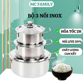 Bộ nồi inox 3 cái bép từ nắp inox 24cm 18cm 16cm dùng được bếp từ và mọi loại bếp bộ nồi inox chắc chắn cao cấp