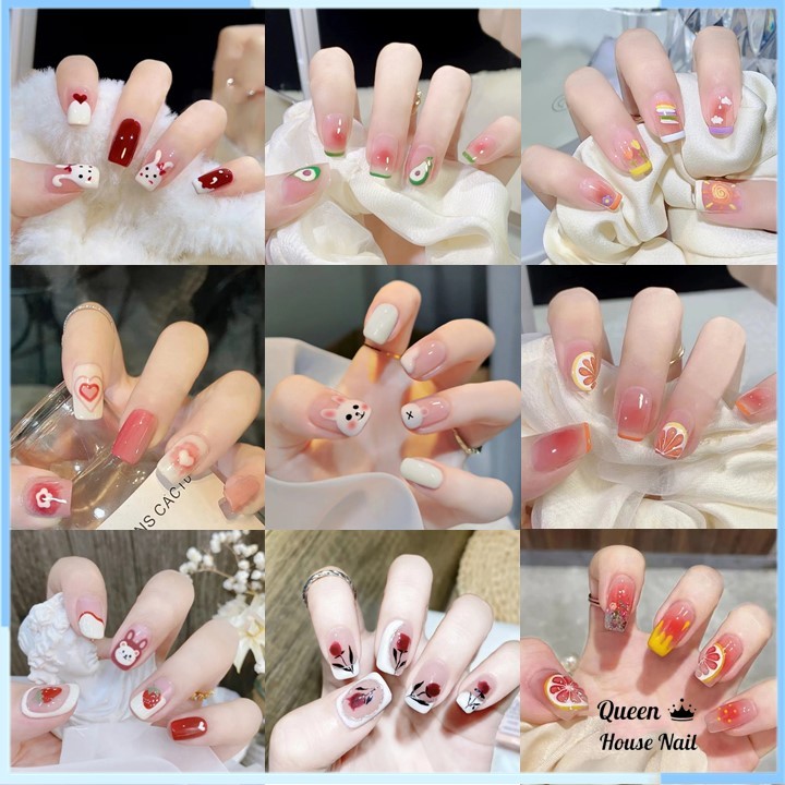 Bộ 24 móng tay giả ngắn vuông đơn giản đi học, đi làm,  Nail box, Nail xinh, Móng tay giả đẹp dễ thư