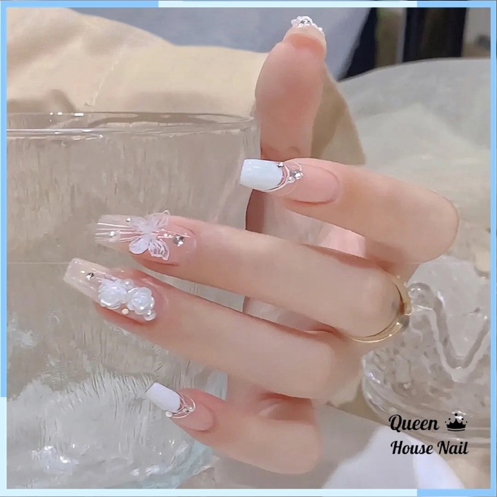 Móng tay giả đính đá kèo keo, Nail xinh, Nailbox cô dâu màu trắng hồng, Móng tay giả dài nhọn đẹp Queen House Nail