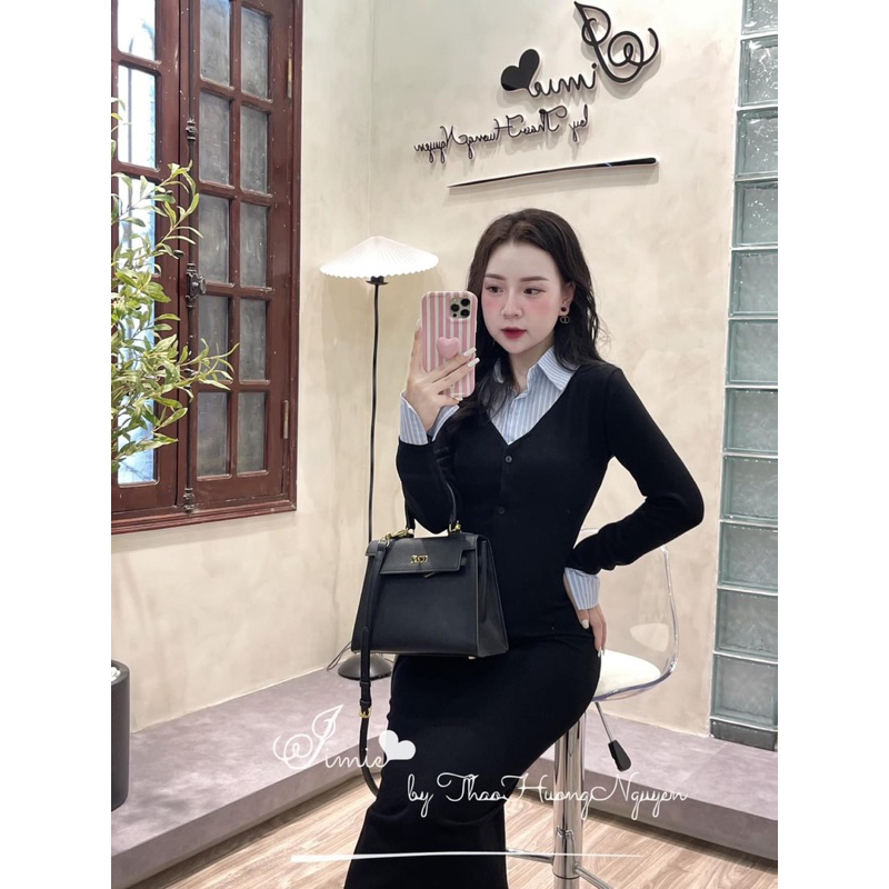 Đầm body tăm hàn phối cổ sơ mi xanh dương