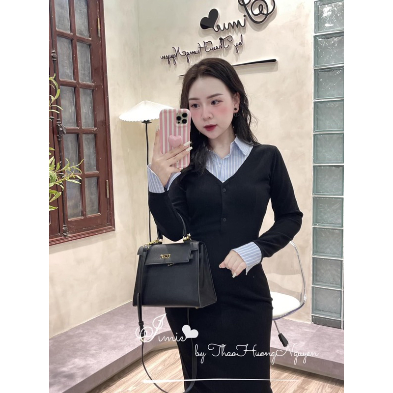 Đầm body tăm hàn phối cổ sơ mi xanh dương